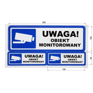 Zestaw naklejek ostrzegawczych w kolorze niebiesko-białym z napisem "Uwaga! Obiekt monitorowany" oraz ikoną kamery. W skład kompletu wchodzi jedna większa naklejka oraz dwie mniejsze, wszystkie z identycznym wzorem.