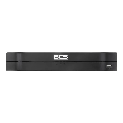 Czarny, prostokątny rejestrator BCS z widocznym logo na przednim panelu. Urządzenie posiada port USB po prawej stronie.
