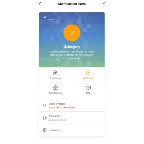 Zrzut ekranu aplikacji mobilnej pokazujący interfejs alarmu wielofunkcyjnego z opcjami "Rozbrojony", "Uzbrojony" i "SOS". Na ekranie widoczne są również szczegóły dotyczące historii zdarzeń oraz ustawień urządzenia.