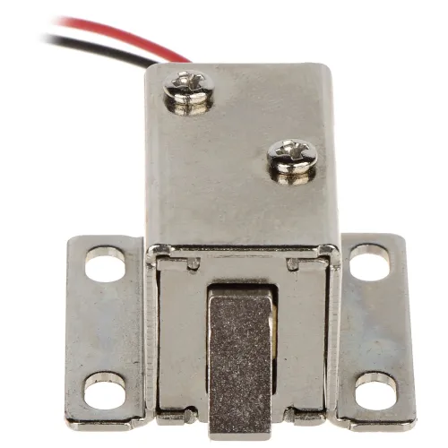 Na zdjęciu znajduje się metalowy elektromagnes z widocznymi śrubami montażowymi i przewodami. Urządzenie ma prostokątny kształt i jest przeznaczone do zastosowań mechanicznych.