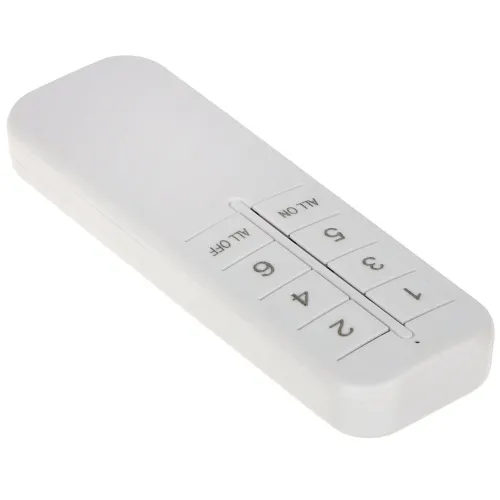 Biały pilot z przyciskami numerycznymi od 1 do 6 oraz dodatkowymi przyciskami "ALL OFF" i "ALL ON" na górze. Urządzenie ma prostokątny kształt z zaokrąglonymi krawędziami.