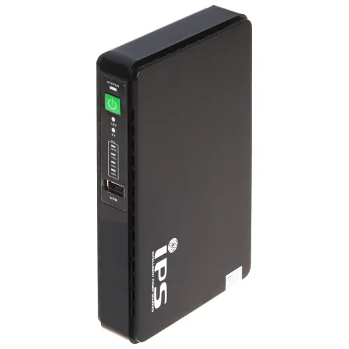 Czarny zasilacz awaryjny UPS z widocznym logo IPS na obudowie. Na przednim panelu znajdują się wskaźniki statusu oraz port USB.