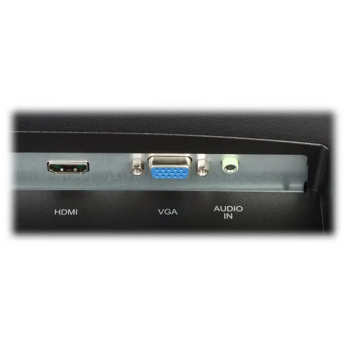 Zdjęcie przedstawia panel z trzema portami: HDMI, VGA i wejściem audio. Porty są oznaczone odpowiednimi etykietami na czarnym tle.