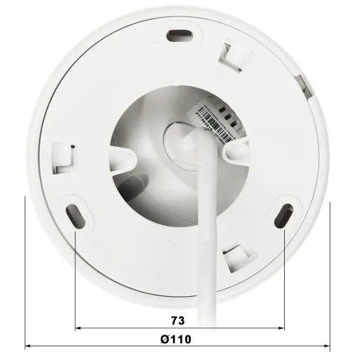 Biała, okrągła podstawa montażowa z otworami i przewodem wychodzącym z centrum. Na zdjęciu widoczne są wymiary: średnica 110 mm i wysokość 73 mm.