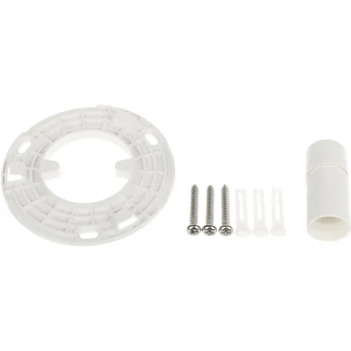 Na zdjęciu znajduje się biały, okrągły uchwyt montażowy z tworzywa sztucznego, obok którego leżą trzy metalowe śruby z kołkami oraz plastikowy element montażowy. Elementy te są przeznaczone do instalacji urządzeń na suficie lub ścianie.