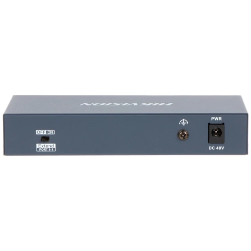 Na zdjęciu znajduje się szary moduł elektroniczny marki Hikvision z przełącznikiem, portem zasilania DC 48V oraz przyciskiem z oznaczeniem PWR. Urządzenie posiada również port oznaczony jako "Extend PORT1.4" oraz logo marki na górnej powierzchni.