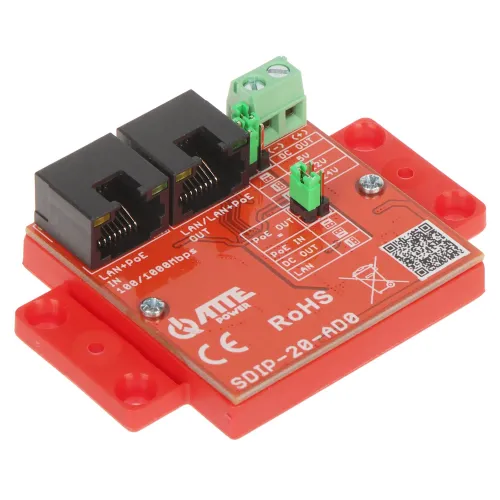 Czerwony adapter zasilania PoE marki ATTE z dwoma portami LAN/PoE oraz złączami śrubowymi do podłączenia zasilania. Na płytce widoczne są oznaczenia techniczne i logo producenta.