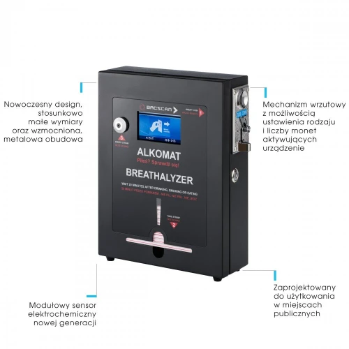 Na zdjęciu znajduje się stacjonarny alkomat BACscan F z metalową obudową, wyświetlaczem i mechanizmem wrzutowym na monety. Urządzenie jest opisane jako nowoczesne, z modułowym systemem elektrochemicznym nowej generacji.