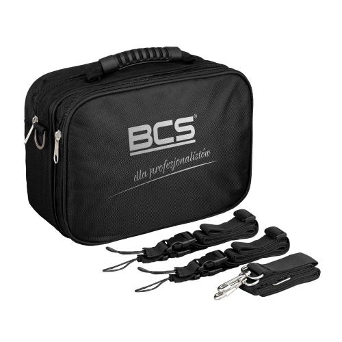 Czarna torba z logo BCS i napisem "dla profesjonalistów" posiada wygodny uchwyt oraz dwa zamki błyskawiczne. Obok torby znajdują się trzy czarne paski z metalowymi klamrami.