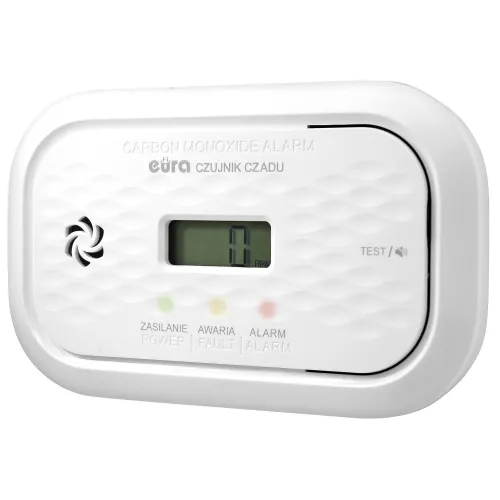 Biały czujnik czadu z wyświetlaczem LCD pokazującym wartość "0 PPM" oraz trzema diodami oznaczającymi zasilanie, awarię i alarm. Na obudowie znajdują się napisy informacyjne oraz przycisk testu.
