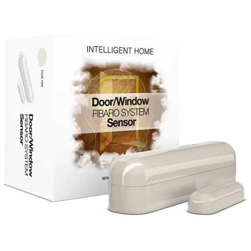 Czujnik otwarcia drzwi/okna FIBARO Door/Window Sensor 2 FGDW-002-4 ZW5 w kolorze białym, składający się z dwóch części montowanych na ramie i skrzydle drzwi lub okna. Urządzenie jest kompaktowe i dyskretne, idealne do monitorowania stanu otwarcia drzwi lub okien.