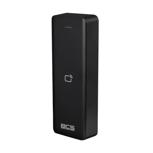 Czarny, prostokątny czytnik kart zbliżeniowych z logo BCS na dole. Na środku znajduje się ikona karty zbliżeniowej.