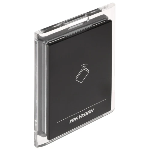 Czytnik zbliżeniowy Hikvision DS-K1101M w eleganckiej, czarnej obudowie z przezroczystymi krawędziami. Na przedniej części znajduje się ikona karty zbliżeniowej oraz logo producenta.
