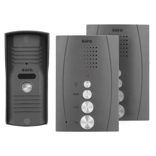 Grafitowy domofon Eura ADP-51A3 Difesa z dwoma unifonami i funkcją interkomu. Urządzenie posiada przyciski i głośnik na panelu frontowym.