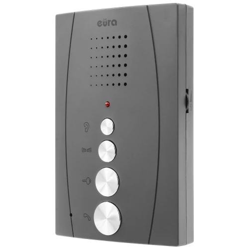 Grafitowy domofon Eura ADP-51A3 Difesa z czterema srebrnymi przyciskami i czerwonym wskaźnikiem LED na przednim panelu. Urządzenie posiada elegancki, nowoczesny design z zaokrąglonymi krawędziami.