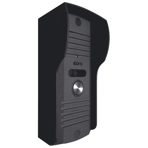 Grafitowy domofon Eura ADP-51A3 Difesa z jednym przyciskiem i osłoną przeciwsłoneczną. Urządzenie ma prostokątny kształt z poziomymi żłobieniami i logo Eura na środku.
