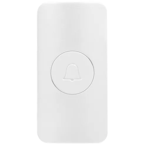 Biały, prostokątny dzwonek bezprzewodowy z centralnie umieszczonym symbolem dzwonka. Powierzchnia jest gładka i minimalistyczna, co nadaje mu nowoczesny wygląd.