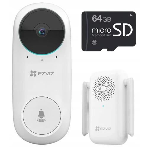 Bezprzewodowy dzwonek WiFi EZVIZ w kolorze białym z kamerą, dołączony do zestawu z kartą microSD 64 GB i głośnikiem. Produkt posiada logo EZVIZ i jest przeznaczony do monitoringu wejścia.