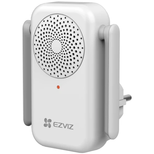 Biały dzwonek wewnętrzny marki EZVIZ z widocznym głośnikiem i małą czerwoną diodą na przedniej części. Urządzenie posiada wtyczkę do bezpośredniego podłączenia do gniazdka elektrycznego.