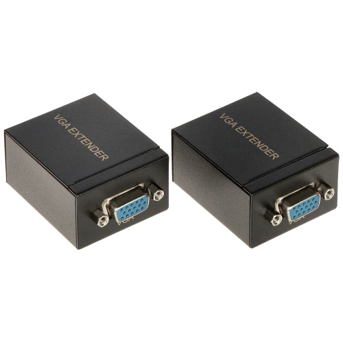 Na zdjęciu znajdują się dwa czarne urządzenia oznaczone jako "VGA Extender", każde z portem VGA na przedniej stronie. Produkty są przeznaczone do przedłużania sygnału VGA na większe odległości.