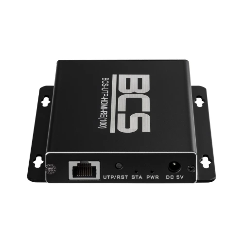 Czarny odbiornik HDMI extender BCS z białym logo i napisami na górze obudowy. Urządzenie posiada porty na przednim panelu, w tym wejście RJ45 i zasilanie DC 5V.