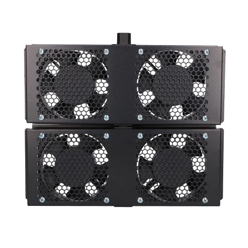 Czarny panel wentylacyjny z czterema wentylatorami umieszczonymi w dwóch rzędach, każdy z metalową siatką ochronną. Panel jest przeznaczony do montażu w szafach serwerowych lub telekomunikacyjnych.