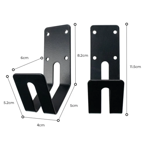 Na zdjęciu znajdują się dwa czarne metalowe uchwyty ścienne o różnych wymiarach, z otworami montażowymi i zaznaczonymi wymiarami. Uchwyty mają prosty, funkcjonalny design z wycięciem w kształcie litery "U".