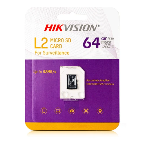 Opakowanie karty microSD Hikvision L2 o pojemności 64 GB, przeznaczonej do monitoringu, z prędkością do 92 MB/s. Opakowanie jest w kolorach białym i fioletowym, z wyraźnym logo producenta.