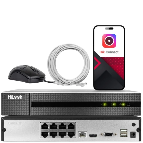 Na zdjęciu znajduje się zestaw monitoringu składający się z rejestratora HiLook, myszki, kabla sieciowego oraz smartfona z aplikacją Hik-Connect. Rejestrator posiada kilka portów sieciowych i HDMI, a na ekranie telefonu widoczna jest ikona aplikacji.