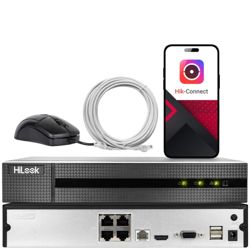Na zdjęciu znajduje się zestaw monitoringu składający się z rejestratora HiLook, myszki, kabla sieciowego oraz smartfona z aplikacją Hik-Connect. Rejestrator posiada kilka portów z tyłu, w tym HDMI, USB i Ethernet.