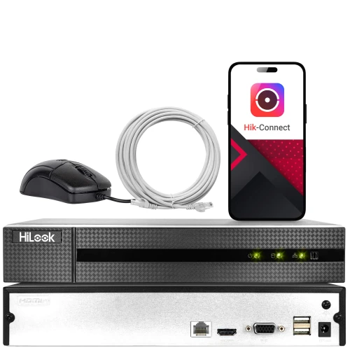 Na zdjęciu znajduje się zestaw monitoringu składający się z rejestratora HiLook, myszki, kabla sieciowego oraz smartfona z aplikacją Hik-Connect. Rejestrator ma widoczne porty z tyłu, a na ekranie telefonu wyświetla się logo aplikacji.