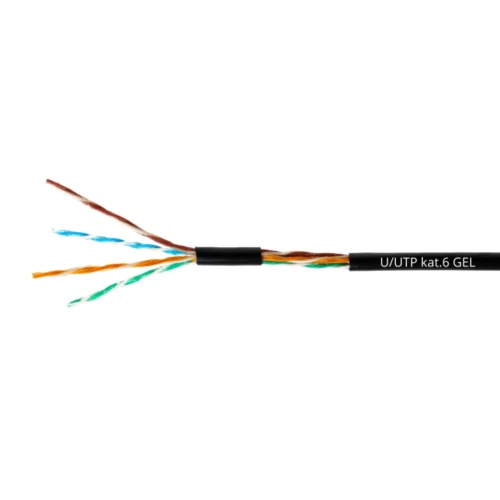 Zdjęcie przedstawia kabel sieciowy U/UTP kategorii 6 z widocznymi czterema parami skręconych przewodów w różnych kolorach. Kabel ma czarną osłonę z oznaczeniem "U/UTP kat.6 GEL".