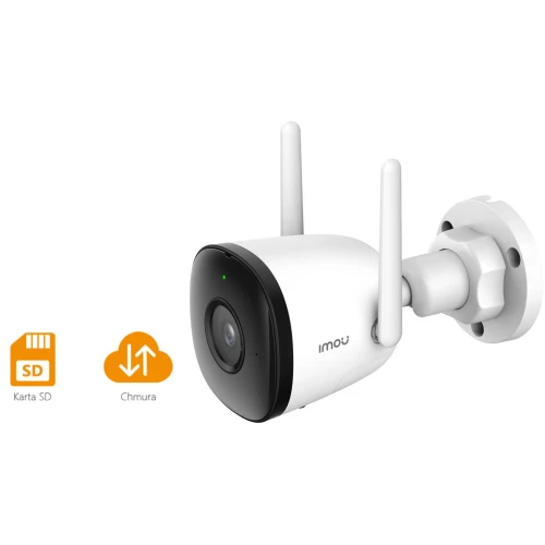 Kamera IP Imou IPC-F22P Wi-Fi Bull w kolorze białym z dwoma antenami, przeznaczona do monitoringu zewnętrznego. Obok kamery znajdują się ikony wskazujące na możliwość zapisu na karcie SD oraz w chmurze.