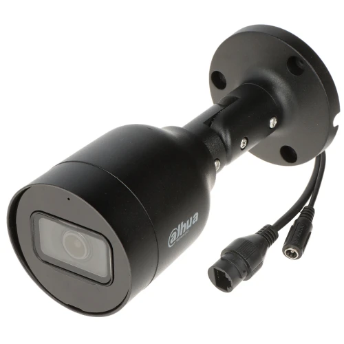 Czarna kamera IP Dahua IPC-HFW1530S-0280B-S6 o rozdzielczości 5 MPx z obiektywem 2,8 mm. Posiada solidną obudowę i złącza do podłączenia zasilania oraz sieci.