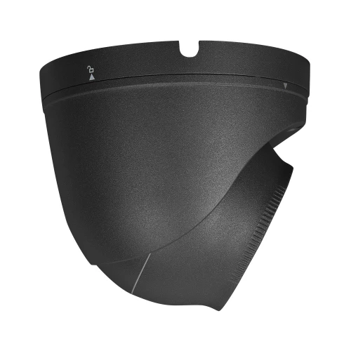 Czarna, kopułowa kamera IP o rozdzielczości 8MPX z widocznymi detalami obudowy. Kamera ma nowoczesny design i jest przeznaczona do monitoringu.