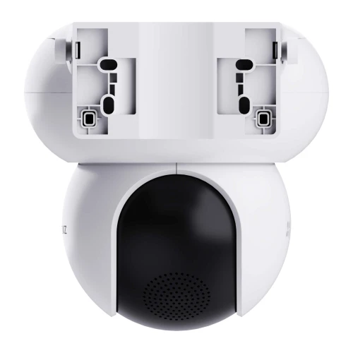 Biała, obrotowa kamera IP Wi-Fi marki EZVIZ z czarnym obiektywem i głośnikiem na dole. Widoczny jest również mechanizm montażowy na górze urządzenia.