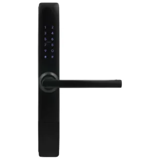 Czarna klamka z kontrolerem dostępu, wyposażona w panel numeryczny z podświetlanymi cyframi. Nowoczesny design z długim, wąskim profilem.