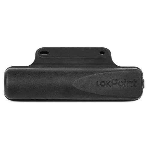 Czarny lokalizator GPS Omtech LA-15 o prostokątnym kształcie z zaokrąglonymi krawędziami i logo "LokPoint" na przedniej stronie. Urządzenie posiada dwa otwory montażowe na górze.
