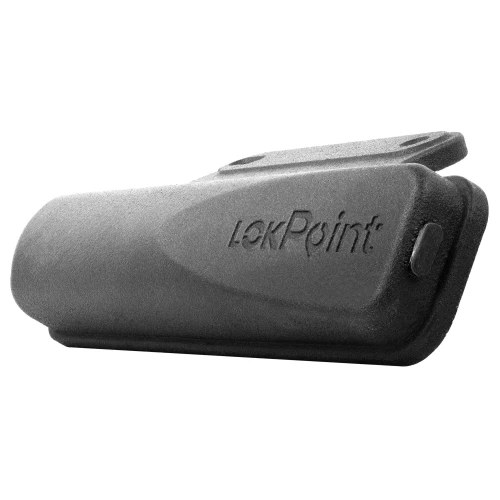 Zdjęcie przedstawia czarny lokalizator GPS marki LokPoint o opływowym kształcie, z widocznym logo na obudowie. Urządzenie ma solidną konstrukcję z przyciskiem po prawej stronie.