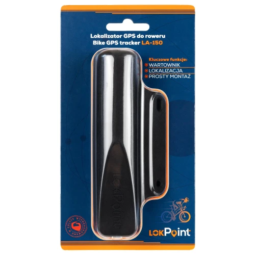 Opakowanie lokalizatora GPS do roweru marki LokPoint, model LA-150, z czarnym urządzeniem widocznym przez przezroczyste okienko. Na opakowaniu znajdują się informacje o kluczowych funkcjach, takich jak lokalizacja i prosty montaż.