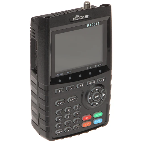 Przenośny miernik sygnału DVB-T/DVB-T2 z dużym ekranem i przyciskami funkcyjnymi. Urządzenie posiada klawiaturę numeryczną oraz przyciski nawigacyjne, umożliwiające łatwą obsługę.