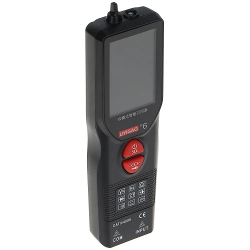 Miernik uniwersalny Uyigao MM-UA6 posiada duży, czytelny wyświetlacz oraz intuicyjny panel sterowania z czerwonymi przyciskami. Obudowa jest ergonomiczna, z wyraźnie oznaczonymi wejściami i certyfikatami bezpieczeństwa.