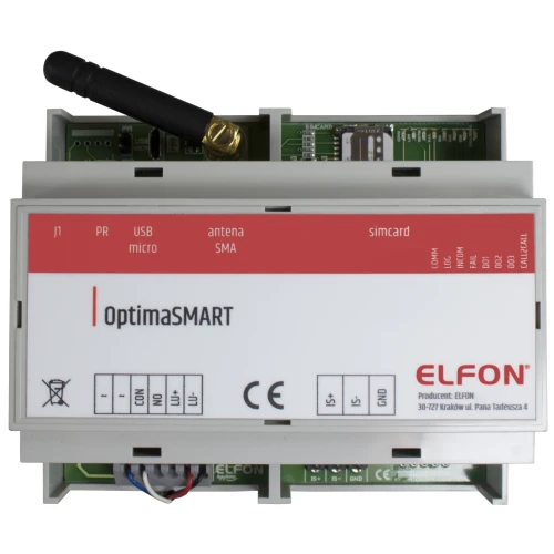 Na zdjęciu znajduje się moduł przekierowań OptimaSMART marki Elfon z widocznymi złączami i anteną SMA. Obudowa urządzenia jest biała z czerwonymi i czarnymi napisami oraz logo producenta.