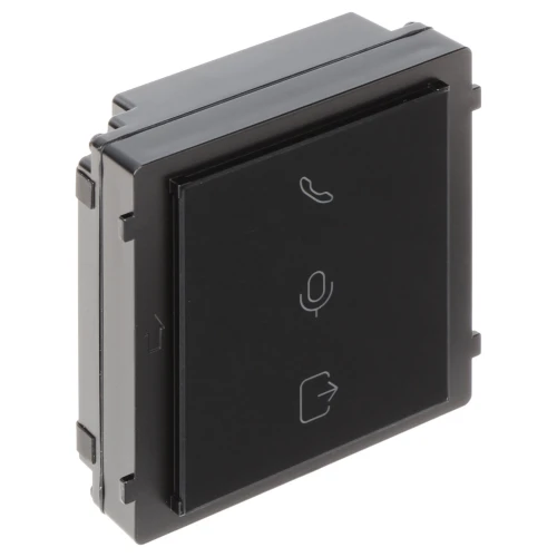 Czarny moduł sygnalizacji stanu urządzenia DS-KD-IN Hikvision z ikonami telefonu, mikrofonu i strzałki. Kompaktowy, kwadratowy design z nowoczesnym wykończeniem.