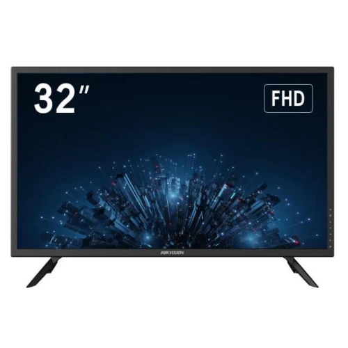 Monitor Hikvision DS-D5032F3 o przekątnej 32 cale z wyświetlaczem FHD, przedstawiający grafikę miasta nocą na ekranie. Urządzenie posiada smukłą ramkę i stoi na dwóch nóżkach.