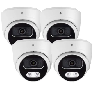 Cztery białe kamery kopułowe ustawione w dwóch rzędach, każda z czarnym obiektywem i dwoma diodami LED. Kamery są identyczne i skierowane w stronę obserwatora.