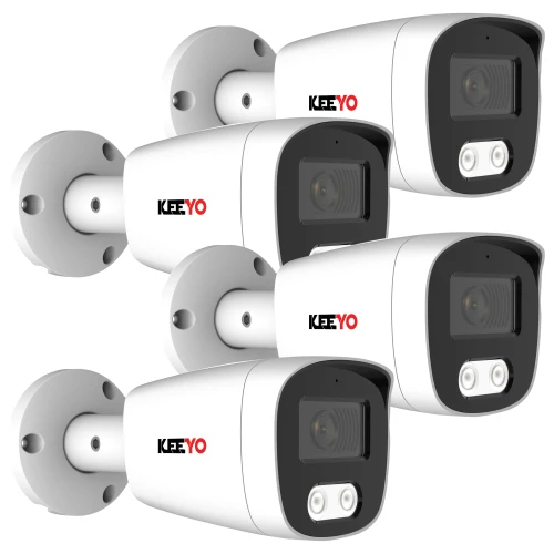 Cztery białe kamery tubowe z czarnymi frontami i logo "KEEYO" są zamontowane na białych uchwytach. Kamery są ustawione w różnych kierunkach, tworząc zestaw monitorujący.