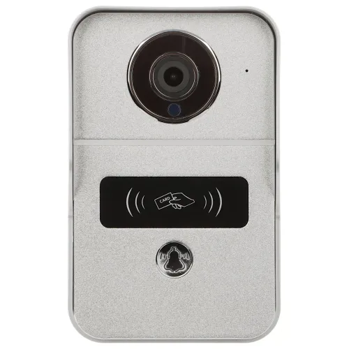 Srebrny panel przedni wideodomofonu z kamerą u góry i miejscem na kartę zbliżeniową poniżej. Na dole znajduje się przycisk z ikoną dzwonka.