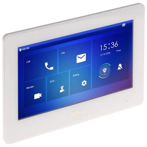 Biały panel wewnętrzny z ekranem dotykowym wyświetlającym interfejs z ikonami do obsługi połączeń, wiadomości i ustawień. Na ekranie widoczna jest godzina 15:36 oraz data 27-10-2020.