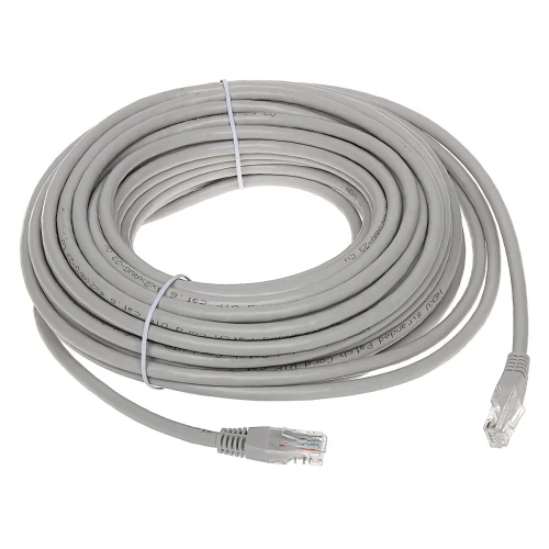 Na zdjęciu znajduje się szary patchcord RJ45 o długości 20 metrów, zwinięty w krążek. Kabel posiada przezroczyste złącza na obu końcach.
